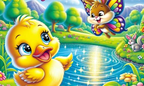 A little duck named Dilly, soft with her bright yellow feathers and small orange beak, stands joyfully by a sparkling pond, her eyes shining with excitement. Dilly hops in the green grass, ready for adventure. Next to her, a beautiful butterfly named Bella, with multicolored wings that shine like a rainbow, flies around Dilly, laughing and encouraging her friend. A small rabbit named Benny, with big ears and soft brown fur, stands a bit back, wearing a grateful smile, ready to follow them. The setting is a charming forest landscape, with majestic trees, colorful flowers dancing in the wind, and a blue sky dotted with fluffy clouds. The pond, surrounded by reeds, reflects the sun, creating glimmers of light that illuminate the scene. The main situation shows Dilly, Bella, and Benny preparing to embark together on a great adventure, filled with joy and enthusiasm, ready to explore the world and discover the magic of friendship.