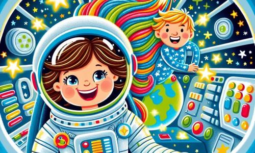 An astronaut woman, Mia, joyfully floats in her spaceship with a big smile on her face. She wears a shiny spacesuit adorned with bright colors, and her hair floats around her like stars. Next to her, a small boy named Sam, about 7 years old, gazes in wonder through the window. He has messy brown hair and wears a blue t-shirt with rocket patterns. His eyes are wide and bright, filled with curiosity. The spaceship is filled with colorful control panels, blinking lights, and windows overlooking a starry sky. Earth, blue and green, majestically floats in the background, surrounded by sparkling stars. Mia and Sam share a magical moment, with Mia explaining the wonders of space as they float together in this intergalactic adventure, filled with dreams and exploration.