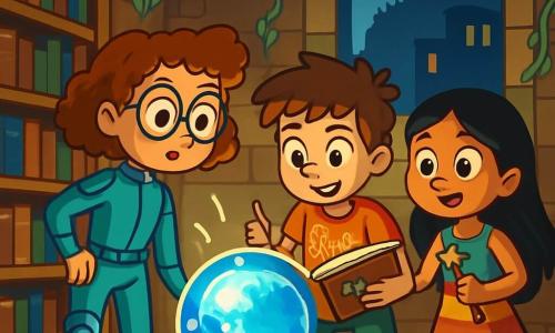 Hay 3 personajes: - Lía: Una niña de 10 años con cabello rizado y gafas redondas. Lleva un traje futurista y tiene una pierna mecánica brillante. Está a la izquierda, mirando el orbe flotante con curiosidad. - Darío: Un niño de 11 años con cabello despeinado y una sonrisa traviesa. Lleva una camiseta con símbolos científicos y sostiene un gran cuaderno lleno de notas. Está en el centro, inclinado hacia el orbe, tomando notas. - Nira: Una niña de 9 años con cabello largo y negro y un vestido colorido. Tiene ojos brillantes y sostiene una pequeña varita mágica. Se encuentra a la derecha, observando las imágenes en el orbe con fascinación. El lugar es una antigua biblioteca con paredes de piedra cubiertas de lianas luminosas. Estanterías de madera tallada se elevan hasta el techo, llenas de libros antiguos. En el centro, un orbe flotante emite una luz brillante, proyectando sombras danzantes sobre el suelo de mármol. La situación principal muestra a los tres amigos descubriendo el orbe misterioso, que brilla intensamente y murmura secretos, mientras una sombra gigantesca se perfila afuera, amenazando la ciudad.