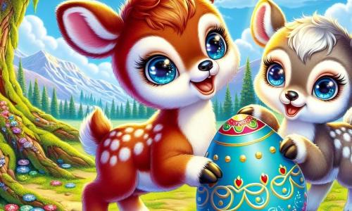 Ilustración que representa a un pequeño reno con pelaje rojo brillante y ojos llenos de curiosidad y emoción. Está de pie, con una pata levantada, sosteniendo un huevo de Pascua azul decorado con patrones dorados, y una gran sonrisa en su rostro. A su lado, su hermana, una reno de pelaje suave y plateado, expresa una alegría contagiosa, con los ojos brillantes de entusiasmo mientras observa el tesoro descubierto. Se inclina ligeramente hacia adelante, lista para admirar el huevo. Al fondo, un antiguo árbol majestuoso, con ramas extendidas y cubiertas de musgo verde, se alza en un claro soleado, donde flores coloridas salpican el suelo. El cielo es de un azul brillante, salpicado de nubes blancas y esponjosas, mientras un arcoíris luminoso se extiende sobre el paisaje. La escena principal muestra al pequeño reno descubriendo el huevo misterioso al pie del árbol, rodeado de la belleza de la primavera, con una atmósfera de magia y aventura palpable en el aire. Pequeñas mariposas coloridas vuelan a su alrededor, añadiendo un toque de fantasía a la escena.