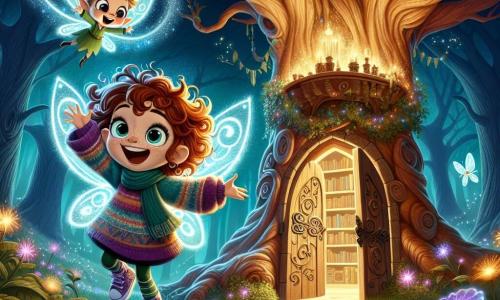 Elara, a 10-year-old witch with curly auburn hair, wears a colorful sweater and purple sneakers. She has a big excited smile as she holds a bright Heartstone, surrounded by magical light. Next to her, Pippin, a small pixie with sparkling wings and twinkling eyes, joyfully flies with arms raised in celebration. The setting is an enchanted glade with large gnarled trees and luminescent flowers glowing in the dark. At the center, an ancient tree houses a carved door leading to the magical library. The main scene shows Elara and Pippin, beaming with joy after discovering the Heartstone, ready to break the curse on Elara's family.