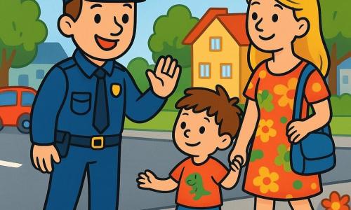 Ein lächelnder Polizist, ein etwa 35-jähriger Mann, trägt eine leuchtend blaue Uniform und einen Hut. Sein Gesicht ist freundlich mit funkelnden Augen und einem großen Lächeln. Er steht auf dem Bürgersteig und hebt die Hand, um einem kleinen Jungen zu helfen, die Straße zu überqueren. Der kleine Junge, 5 Jahre alt, hat unordentliche braune Haare und trägt ein rotes T-Shirt mit einem Dinosaurier-Motiv. Er hält die Hand seiner Mutter, einer etwa 30-jährigen Frau mit langen blonden Haaren, die ein buntes Kleid trägt. Sie schaut den Polizisten dankbar an. Die Szene spielt sich in einer belebten Straße ab, gesäumt von grünen Bäumen und bunten Häusern. Autos sind am Straßenrand geparkt, und bunte Blumen wachsen in Blumenkästen. Der Polizist hilft dem kleinen Jungen, sicher die Straße zu überqueren, indem er den Kindern zeigt, wie man nach links und rechts schaut, bevor man die Straße überquert.