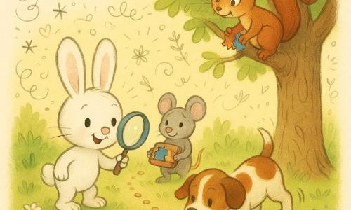 Pluisje, een klein wit konijntje met grote oren, houdt een vergrootglas en kijkt nieuwsgierig; Mees, een timide grijze muis, houdt een open puzzeldoos en kijkt opgelucht naar Pluisje; Spot, een bruin-witte puppy, kwispelt en snuffelt bij een spoor van kruimels; Koko, een rood eekhoorntje, zit op een lage tak en toont gekleurde puzzelstukjes; scène: een zonnige open plek in het Dierenbos met gras, bloemen, een grote eik en enkele stenen, het kruimelspoor leidt naar de boom, Pluisje wijst met het vergrootglas en Koko daalt af om de stukjes terug te geven, warme sfeer en felle kleuren.