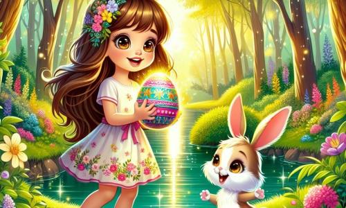 Una ragazza di 8 anni, Sofia, con lunghi capelli castani e occhi pieni di curiosità, si trova in riva a un laghetto scintillante, tenendo un grande uovo di Pasqua colorato tra le mani. Indossa un vestito primaverile a fiori e un grande sorriso sul volto, esprimendo meraviglia e gioia. Accanto a lei, un piccolo coniglietto bianco, con grandi orecchie e pelliccia setosa, la osserva con occhi maliziosi, saltellando felicemente sull'erba verde, aggiungendo un tocco di magia alla scena. Il luogo è un giardino segreto, circondato da alberi maestosi e fiori colorati che danzano nel vento. Il sole brilla tra i rami, creando riflessi dorati sull'acqua del laghetto. Sofia scopre l'uovo magico al centro del laghetto, incantata dalla sua bellezza, mentre il coniglietto la incoraggia con un sorriso complice, pronto a rivelarle il segreto dell'uovo.