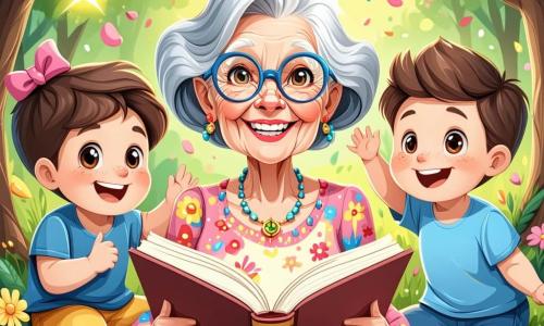 Al centro dell'immagine, Nonna Marta, una donna anziana con capelli grigi e occhiali tondi, sorride calorosamente. Indossa un vestito colorato a fiori e tiene un libro aperto tra le mani, circondata da un'aura di benevolenza e gioia. Intorno a lei, diversi bambini sono seduti sull'erba. Un ragazzo di 7 anni, con capelli castani e occhi brillanti, alza la mano con entusiasmo, pronto a fare una domanda. Una ragazza di 6 anni, con trecce bionde e un sorriso radioso, guarda Nonna Marta con ammirazione, gli occhi pieni di eccitazione. Il luogo è un parco soleggiato, pieno di fiori colorati e alberi verdi. Una fontana scintillante sullo sfondo aggiunge un tocco di magia all'ambiente. La scena principale mostra Nonna Marta che racconta una storia affascinante ai bambini, che l'ascoltano attentamente, seduti in cerchio sull'erba, assorbiti dalle sue parole e sognando avventure.