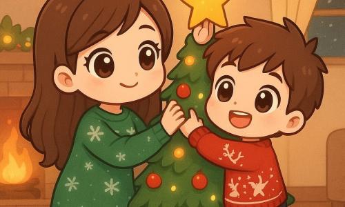 Ein 6-jähriger Junge namens Jonathan mit großen, funkelnden Augen und einem strahlenden Lächeln platziert einen glitzernden goldenen Stern auf die Spitze eines großen Weihnachtsbaums. Er trägt einen roten Pullover mit Rentiermotiven und bunte Socken. Seine Mutter, eine etwa 35-jährige Frau mit langen braunen Haaren und einem sanften Blick, steht neben ihm und stützt ihn sanft, damit er die Baumspitze erreicht. Sie trägt ein grünes Kleid mit Schneeflockenmustern. Die Szene spielt sich in einem gemütlichen Wohnzimmer ab, das mit Lichterketten und bunten Weihnachtskugeln dekoriert ist. Ein Feuer knistert im Kamin und wirft ein sanftes, goldenes Licht an die Wände. Die Hauptsituation zeigt Jonathan und seine Mutter, wie sie gemeinsam den Baum schmücken, was eine Atmosphäre von Freude und familiärer Verbundenheit schafft.