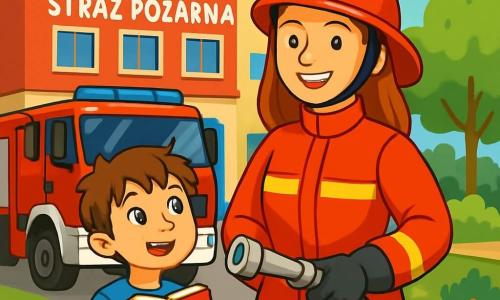 Młoda kobieta, Kasia, mająca około 25 lat, dumnie stoi przed dużą strażnicą pożarną. Ma na sobie jaskrawoczerwoną kombinezon, błyszczący hełm strażacki i czarne rękawice, prezentując zdeterminowany uśmiech i oczy błyszczące z ekscytacji. Obok niej stoi mały chłopiec imieniem Wojtek, mający około 8 lat, z rozczochranymi brązowymi włosami i szeroko otwartymi oczami, patrząc z podziwem. Ma na sobie niebieski t-shirt i szorty, trzymając małą książkę o bezpieczeństwie pożarnym. Scena rozgrywa się na zewnątrz strażnicy, gdzie zaparkowane są duże czerwone wozy strażackie, otoczone kolorowymi kwiatami i zielonymi drzewami. Niebo jest niebieskie z kilkoma białymi chmurami, co dodaje świeżości atmosferze. Kasia i Wojtek stoją przed wozem strażackim, entuzjastycznie dyskutując o przygodach strażaków. Kasia pokazuje Wojtkowi, jak używać węża strażackiego, podczas gdy wóz błyszczy w słońcu, symbolizując ducha zespołowego i odwagę strażaków.