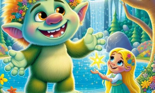 Un troll amistoso llamado Trolito, grande y peludo, con piel verde y ojos ámbar que brillan de alegría, está al borde de un lago mágico. Sonríe ampliamente, mostrando sus grandes dientes blancos, y extiende la mano hacia una estrella dorada que brilla intensamente sobre el agua. A su lado, una niña llamada Luna, de unos ocho años, con cabello dorado como el sol y ojos brillantes como estrellas, observa maravillada la estrella. Lleva un vestido colorido y sandalias, y está de rodillas, con las manos extendidas hacia el lago, lista para captar la magia. El lugar es un bosque encantado, con árboles majestuosos de hojas multicolores que brillan bajo la luz del sol. El lago es de un azul cristalino, rodeado de flores cantantes que susurran suavemente, creando una atmósfera mágica. Trolito y Luna están juntos para salvar el Lago de la Alegría, mientras descubren la magia de la estrella dorada, iluminando su camino hacia la aventura.