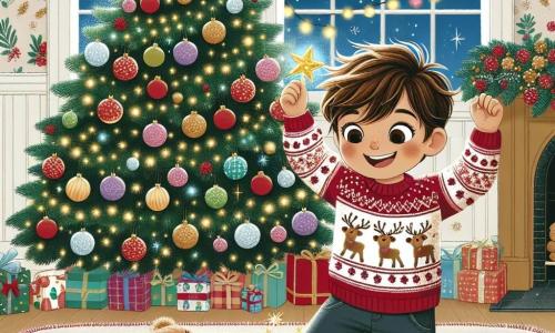 Pablo es un niño de 7 años, con cabello castaño desordenado y ojos llenos de alegría. Lleva un suéter rojo con un diseño de reno y pantalones de mezclilla. Está de pie junto al árbol, sosteniendo una estrella dorada en sus manos, con una gran sonrisa en el rostro. Bruno es un pequeño oso de peluche, de color marrón claro, con un lazo rojo alrededor del cuello. Está sentado en la alfombra, justo al lado de Pablo, levantando una pata como si quisiera tocar la estrella. La escena tiene lugar en una acogedora casa decorada para Navidad, con un gran árbol iluminado con guirnaldas brillantes y bolas de colores. Guirnaldas de luz brillan en las ventanas, y el aire está lleno de un dulce olor a galletas de Navidad. Pablo y Bruno descubren la magia de la Navidad bailando alegremente alrededor del árbol, rodeados de galletas de jengibre que aparecen mágicamente, mientras una estrella brillante ilumina la habitación.