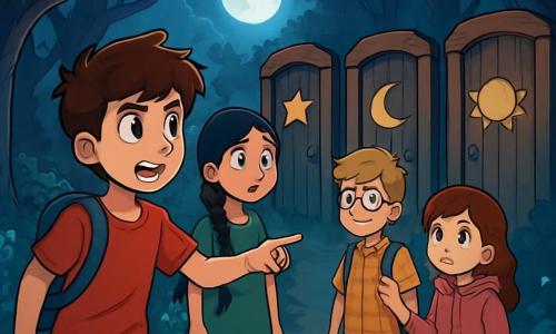 Ci sono 4 bambini: - Luca: un ragazzo di 12 anni con capelli castani disordinati e occhi curiosi. Indossa una maglietta rossa e pantaloni blu, e si trova davanti, indicando la strada con espressione determinata. - Marco: un ragazzo di 11 anni con capelli biondi e occhiali rotondi. Indossa una camicia a quadri e pantaloni beige. È leggermente indietro, sorridente e pronto ad affrontare l'ignoto. - Elena: una ragazza di 12 anni con lunghi capelli neri intrecciati in una bella treccia. Indossa un vestito verde e sandali. È accanto a Luca, guardando intorno con espressione di meraviglia e preoccupazione. - Sara: una ragazza di 10 anni con capelli castani e grandi occhi rotondi. Indossa una felpa rosa e jeans. È leggermente indietro, tenendo la mano di Marco, con un'espressione curiosa e timorosa. La scena si svolge in un boschetto misterioso, illuminato dalla luce argentata della luna, con alberi alti e scuri che creano ombre danzanti. Le foglie brillanti e i fiori luminescenti costellano il sentiero, mentre una leggera nebbia aggiunge un'atmosfera incantata e inquietante. I bambini si trovano davanti a quattro porte di legno, ciascuna decorata con un simbolo misterioso: una stella, una luna, un sole e una nuvola. Riuniti e incerti, discutono tra di loro, i volti illuminati dalla luce della luna, mentre devono scegliere la porta che li condurrà a un'avventura magica o a un pericolo sconosciuto.