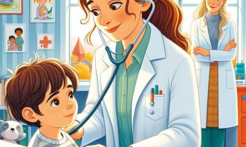 La doctora Valentina es una mujer de unos treinta años, con largos cabellos castaños recogidos en una coleta. Lleva una bata blanca un poco grande y su rostro irradia bondad y determinación. Está escuchando el corazón de un niño con un estetoscopio, sonriendo cálidamente para tranquilizar a su joven paciente. A su lado, Mateo, un niño de 7 años con cabello castaño y pecas en la nariz, está acostado en la mesa de examen, algo inquieto pero curioso, mirando a Valentina con ojos brillantes. Su madre, una mujer de unos treinta años con cabello rubio y un aire preocupado, se encuentra junto a él, con los brazos cruzados, observando la escena con esperanza. La consulta médica es colorida, llena de dibujos infantiles en las paredes, juguetes en el suelo y una gran ventana que deja entrar la luz del sol. Posters educativos sobre la salud decoran las paredes, creando un ambiente acogedor y alegre. La situación principal muestra a Valentina tranquilizando a Mateo, explicándole con dulzura lo que está sucediendo, mientras la madre escucha atentamente, esperando que su hijo se sienta mejor pronto.