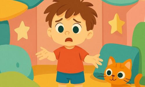 A 2-year-old boy named Leo, with messy hair and a mischievous smile, is desperately searching for his cloud-shaped pillow. His eyes shine with worry and curiosity as he stands in the middle of his cushion-filled home, surrounded by bright colors and soft shapes. Next to him, a playful orange kitten, about 1 year old, is amusingly playing with a sock turned pancake, watching Leo with delight. The house is a magical place made of fluffy cushions of all sizes, with pastel fabric walls and star-shaped windows. In this scene, Leo is anxiously searching for his pillow while the kitten joyfully plays, creating a funny and fantastical atmosphere.
