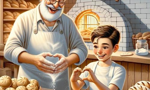 Ein fröhlicher Bäcker, ein Mann in den Fünfzigern mit einem weißen Bart und runden Brillen, lächelt breit, während er Teig in seiner Bäckerei knetet. Er trägt eine weiße Schürze, die mit Mehl bespritzt ist, und einen Bäckerhut, seine Augen funkeln vor Freude, während er einem jungen Jungen, Max, zeigt, wie man Brötchen formt. Max, ein achtjähriger Junge mit zerzausten braunen Haaren und neugierigen Augen, steht neben ihm. Er lächelt breit und bemüht sich, ein Herz aus Teig zu formen, seine Hände sind voller Mehl. Die Bäckerei ist warm und einladend, mit hellen Holzwänden, Regalen voller goldener Brote und knusprigen Croissants. Ein großer Backofen aus Ziegeln strahlt sanfte Wärme aus, und goldenes Licht erhellt den Raum, was eine magische Atmosphäre schafft. Die Hauptsituation zeigt den Bäcker und Max, die zusammenarbeiten, lachen und Geschichten teilen, während sie köstliche Brötchen kreieren, was die Freude und Freundschaft illustriert, die rund um die Magie des Brotes entsteht.