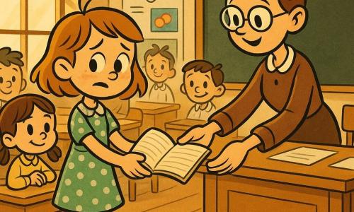 An 8-year-old girl, Mia, with a light-brown bob and a rebellious lock, freckles, a green polka-dot dress and red sneakers, looks nervous but relieved, shoulders slightly relaxed, offering an open notebook to her teacher; next to her sits 8-year-old Lily with brown pigtails and a yellow sweater, smiling kindly at Mia; Mrs. Carter, about 35, hair in a bun and round glasses, stands behind a light-wood desk with a gentle, encouraging expression, reaching for the notebook; the bright classroom has a large chalkboard, colorful science posters, rows of wooden desks and golden sunlight through a mullioned window; Mia admits she forgot or didn't finish her homework, the notebook between her and the teacher, eyes wet but calm, classmates in the background watching curiously.