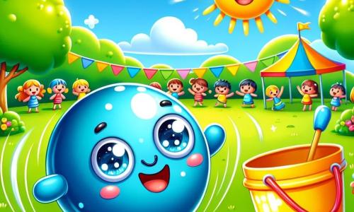 Uma pequena bola azul sorridente, com grandes olhos brilhantes e um sorriso alegre, salta entusiasticamente em um campo verdejante ensolarado. Ao lado dela, um balde amarelo vibrante, com um rosto amigável e olhos redondos, aplaude feliz, observando a bola. O local é um campo de férias de verão, cheio de flores coloridas, árvores verdes e um céu azul radiante. Ao longe, crianças brincam e riem, contribuindo para a atmosfera alegre. A cena mostra a bola azul e o balde amarelo se divertindo juntos, cercados de risos e cores, celebrando a amizade e a alegria das férias de verão.