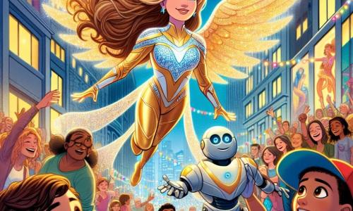 In het midden van de afbeelding vliegt een superheldin genaamd Sterrenlicht, een vrouw met fonkelende vleugels, gracieus boven de stad Zonneland. Ze heeft lange gouden haren die in de wind wapperen en draagt een blauw-gouden kostuum dat straalt van licht en levendige kleuren. Haar gezicht straalt vastberadenheid en vreugde uit terwijl ze glimlacht en naar beneden kijkt. Onderaan staat een grote robot genaamd Roboklets, met een metalen uiterlijk en ronde, glinsterende ogen, midden in een menigte mensen. Hij ziet er verward maar nieuwsgierig uit en beweegt lichtjes op de muziek van een klein groepje muzikanten. Naast hem danst een jongen van ongeveer 8 jaar met bruin haar en een kleurrijk t-shirt vrolijk, lachend en de robot aanmoedigend om mee te doen. De locatie is een drukke straat in Zonneland, versierd met kleurrijke ballonnen en fonkelende slingers. Kinderen en volwassenen zijn samengekomen, allemaal lachend en feestvierend, wat een feestelijke en blije sfeer creëert. De hoofdsetting toont Sterrenlicht die boven het tafereel vliegt, Roboklets aanmoedigend om te glimlachen en deel te nemen aan het feest, terwijl de menigte om hen heen danst en lacht, wat de kracht van vriendschap en gedeelde vreugde illustreert.