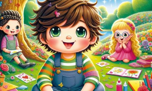 An 8-year-old boy, Elliot, with messy brown hair and sparkling curious eyes, is sitting under a large oak tree. He has a radiant smile and rosy cheeks, surrounded by colorful papers, scissors, and glitter, making Valentine's cards. Next to him, Maya, a 7-year-old girl with long braided blonde hair and a pink dress, admires a butterfly-shaped card that Elliot just finished. Leo, an 8-year-old boy with round glasses and black hair, laughs while reading a joke on his heart-shaped card. The setting is a sunny park with vibrant flowers of all colors, majestic trees, and a clear blue sky dotted with fluffy white clouds. In the background, a garden of sparkling flowers is preparing to shine under the evening lights. The main scene shows Elliot and his friends, joyful and focused, sharing laughter and excitement as they discover a mysterious pink envelope hidden under a bush, ready to lead them into a Valentine's adventure.