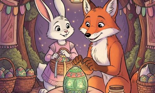 A red anthropomorphic fox (main character) with an amazed, serene expression, sparkling eyes and a fine muzzle delicately holds a painted egg with green, pink and blue patterns and silver lines on a cushion; he sits looking at the egg under a small jar-lantern emitting an amber glow. A white bunny friend (secondary) with long ears and a gentle, enthusiastic posture smiles while observing the egg from slightly behind to the left, holding a basket of ribbons. A small firefly in a glass jar to the right of the cushion emits a warm steady light that reveals a luminous pattern of tiny pawprints and carrots on the egg. The setting is a warm burrow under a large oak with earthen walls, moss rugs, pastel garlands, lined egg baskets and hanging paper lamps in wooded twilight colors, with visible wood and fabric textures. The scene is an intimate, calm moment of two friends sharing the magical discovery as the egg reveals its secret pattern under soft light; centered composition, cozy contemplative atmosphere, clean lines, vivid colors, childlike yet detailed style.