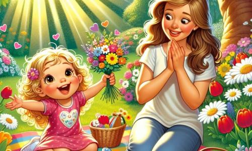 Una niña de 4 años, Clara, con bonitos rizos dorados y ojos brillantes de alegría, está sentada sobre una manta colorida en un jardín soleado. Sonríe con entusiasmo, sosteniendo un pequeño ramo de flores multicolores en sus manos, lista para sorprender a su mamá. Junto a ella, su mamá, una mujer de unos 30 años con largos cabellos castaños y una sonrisa cálida, se acerca con ojos llenos de asombro, descubriendo la sorpresa que su hija ha preparado. El jardín está lleno de flores brillantes, con margaritas blancas y tulipanes rojos que bailan con la brisa suave. Un gran árbol proporciona sombra en el fondo, ofreciendo un refugio perfecto para su picnic. Clara, llena de emoción, grita alegremente "¡Sorpresa!" mientras su mamá descubre el picnic sorpresa, creando un momento mágico lleno de amor y felicidad.
