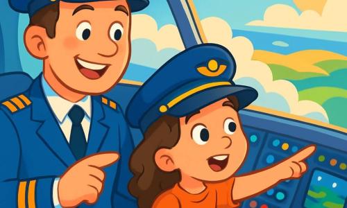 Un hombre piloto sonriente, vestido con un uniforme azul brillante y con hombreras doradas, se encuentra en la cabina de un avión. Su rostro irradia orgullo y emoción mientras mira por la ventana, observando las nubes esponjosas abajo. A su lado, una niña de 8 años, con cabello castaño y rizado, lleva una gorra de piloto demasiado grande para ella. Está maravillada, con los ojos muy abiertos, señalando un paisaje colorido abajo. La cabina está llena de botones luminosos y pantallas brillantes, con una vista panorámica del cielo azul. Al fondo, se ven nubes blancas y un resplandor dorado del sol poniente. La escena principal muestra al piloto explicando con entusiasmo el funcionamiento del avión a la niña, que parece fascinada por cada palabra.