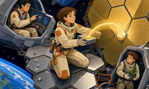 Lira, arqueóloga espacial ~35 anos, rosto concentrado e cabelos curtos castanhos, veste macacão creme com detalhes laranja e ajusta um grande espelho hexagonal enquanto pressiona um pequeno modulador retangular que cria um raio dourado em arco; Arun, piloto ~30 anos, cabelo preto curto, sentado na nacela de uma pequena nave prateada à esquerda junto à janela com vista da Terra, aponta para telas; Mei, engenheira ~28 anos, pele clara e cabelo em coque, em macacão azul presa por cabo à plataforma S-17 verifica uma dobradiça enferrujada; Téo, biólogo ~25 anos, cabelo desgrenhado, observa segurando um pequeno vaso de planta na entrada da nave à direita; cenário: plataforma S-17 do Campo Solar Orbital com placas hexagonais metálicas, espelhos brilhantes refletindo um sol dourado, cabos, vestígios de micrometeoritos e o espaço negro com a Terra azul; ação principal: equipe alinhando um espelho solar antigo com sensação de esforço calmo e descoberta, pressa antes da sombra da Terra, paleta contrastante (dourado, prata, azul profundo) e texturas nítidas.