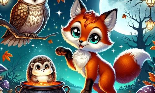 A clever young fox with a vibrant coat and sparkling curious eyes stands in the center of an enchanted clearing, a look of wonder on his face. Next to him, a small hedgehog with soft spines and bright excited eyes raises a paw to show him a large bubbling cauldron. An old owl perched on a low branch watches the scene with a wise and amused gaze, its brown and white feathers blending into the darkness of the night. The clearing is illuminated by twinkling lanterns hanging from the tree branches, while autumn leaves swirl in the cool Halloween air. In the background, the moon shines brightly, casting a silver light on the group, which is preparing to celebrate a magical feast under a starry sky.