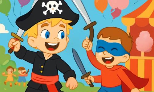 Un băiat de 4 ani, Andrei, cu părul blond zbârlit și ochi strălucitori ca două mărgele albastre, poartă un costum de pirat negru cu o curea roșie mare. Zâmbește larg, plin de entuziasm, ținând o sabie de jucărie din plastic strălucitoare. Lângă el, prietenul său Vlad, tot un băiat de 4 ani, este deghizat în super-erou cu o pelerină roșie și o mască albastră. Râde vesel, ținând o sabie de pirat de jucărie pe care i-a împrumutat-o Andrei. Scena se desfășoară într-un parc plin de baloane colorate plutind în cerul albastru, ghirlande din hârtie creponată și standuri cu dulciuri, unde mirosul dulce de vată de zahăr plutește în aer. Departe, copii dansează și râd, în timp ce un clovn colorat jonglează cu baloane. Situația principală arată cum Andrei și Vlad aleargă împreună, imitând sunete de luptă de pirat și super-erou, fețele lor strălucind de bucurie și prietenie, în timp ce se distrează la carnaval, înconjurați de culori strălucitoare și râsete de copii.