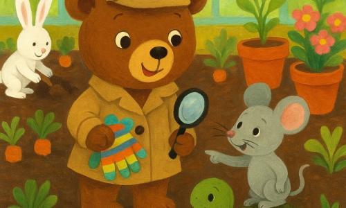 Ursulețul Bruno, un mic urs de pluș maro cu pălărie de detectiv, e curios și ține o pereche de mănuși colorate și o lupă; șoarecuța Mimi, gri, arată spre mănuși de pe o piatră, țestoasa Titi, cu carapace verde, stă calm lângă ghivece, iar în fundal Rici, iepurele alb, sapă lângă rânduri de legume; totul are loc într-o seră luminoasă cu ghivece de teracotă, frunze verzi și flori roz și galbene; Bruno a găsit mănușile uitate și își adună prietenii pentru a rezolva micul mister într-o atmosferă caldă și curioasă.