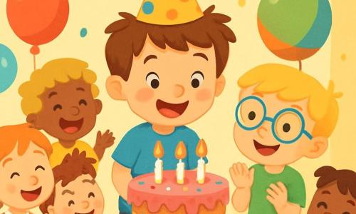 There are 2 main characters: Ben, a 6-year-old boy with messy brown hair and sparkling eyes, wearing a shiny birthday hat and a blue t-shirt, standing in the center, smiling and ready to blow out his candles; and Max, also 6, with blonde hair and round glasses, wearing a green t-shirt and holding a large colorful balloon, standing next to Ben with a big smile, looking at the cake. The setting is a joyfully decorated party room with colorful streamers hanging from the ceiling and floating balloons. A large table is covered with a striped tablecloth, featuring a multi-layered cake with pink frosting and colorful sprinkles. The main scene shows Ben and Max surrounded by their friends, ready to celebrate Ben's birthday, as Ben is about to blow out the candles on his cake while Max enthusiastically encourages him, and all the children are laughing and clapping around them.