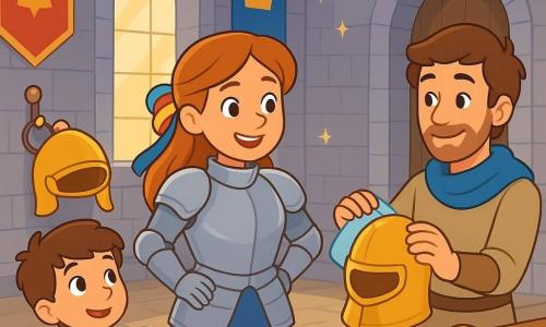 A brave knightess, Lady Lark, stands proudly in the center of the castle's great hall, wearing shiny armor and a warm smile. Her long hair is tied with a colorful ribbon, and her eyes sparkle with determination. Beside her is a young boy named Pip, about 8 years old, wearing a small tunic and holding a wooden helmet, admiring his knightess. Another character, Sir Rowan, a man in his thirties with an arm in a blue sling, stands near the door, ready to help by polishing helmets. The great hall is spacious, with gray stone walls adorned with colorful banners gently fluttering. Sunlight streams through large windows, illuminating the helmets lined up on wooden tables. Lady Lark and Pip are preparing for a big celebration by hanging shiny helmets on hooks, while Sir Rowan encourages them with a smile. The atmosphere is joyful and energetic, filled with camaraderie and teamwork.