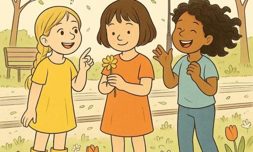 Drie meisjes bij een tramhalte in de lente: Mila (6) met kort bruin haar en een oranje jurk houdt voorzichtig een gele bloemetje in het midden, Noor (7) met blond gevlochten haar en gele laarzen wijst naar een bij boven de bloemen links van Mila, Samira (6) met zwarte krullen en een blauwe broek lacht en doet een zoemend bijengeluid rechts van Mila; voorgrond rails, smalle strook aarde met tulpen en madeliefjes, dansende bloemblaadjes en gras, een versleten houten bank en eenvoudige lantaarn op de achtergrond, zonnige zachte sfeer en blije gezichten.