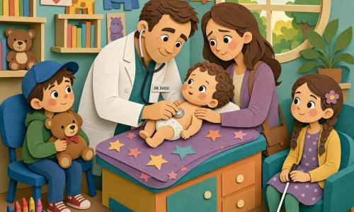 Un doctor — Radu — zâmbitor şi calm, cu păr scurt castaniu şi halat alb, ascultă cu blândeţe un bebeluş cu un mic stetoscop argintiu; bebeluşul Daria, foarte mică, cu păr castaniu moale şi obraji roşii, este întinsă pe masa de consultaţii acoperită cu o pătura cu steluţe; mama ei, cu păr şaten şi privire îngrijorată dar liniştită, stă în picioare cu mâna pe umărul copilului; în fundal, la stânga doctorului, băiatul Amir de circa 5 ani, cu şapcă albastră, ţine un ursuleţ de pluş şi priveşte; la dreapta, Mara de circa 7 ani, cu părul împletit şi o bastonaş alb, zâmbeşte lângă fereastră; cabinetul pediatric e cald şi luminos, cu pereţi pastel decoraţi cu animale din hârtie, rafturi din lemn cu cărţi colorate, o fereastră rotundă cu lumină aurie, covor cu buline şi o cutie cu creioane colorate pe o măsuţă; atmosfera e blândă, liniştitoare şi luminoasă.