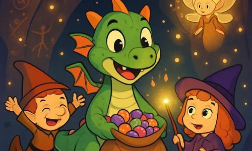 Un joven dragón llamado Draco, con escamas verdes brillantes y ojos llenos de curiosidad, se encuentra en el centro de una cueva mágica, sonriendo. Sostiene un gran saco lleno de caramelos de colores, iluminado por luciérnagas que bailan a su alrededor. A su derecha, Zita, una pequeña bruja de cabello rizado y vestido violeta, mira a Draco con ojos asombrados, sosteniendo su varita mágica que emite un suave resplandor. A su izquierda, Pip, un duende travieso con un sombrero puntiagudo y una sonrisa pícara, salta de alegría con los brazos en alto. La cueva está decorada con paredes brillantes y dibujos antiguos, mientras miles de luciérnagas iluminan el espacio, creando una atmósfera mágica y misteriosa. Al fondo, una anciana hada sabia, con alas translúcidas, los observa con benevolencia, rodeada de un halo de luz dorada. La escena principal muestra a Draco y sus amigos descubriendo la magia de Halloween, rodeados de caramelos y luces, celebrando su valentía y amistad en esta aventura encantada.