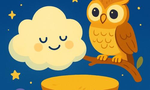 Una pequeña nube suave y esponjosa, llamada Nubi, flota pacíficamente en un cielo estrellado, con una sonrisa serena en su rostro. Sus contornos son redondeados y esponjosos, y brilla con una luz suave y reconfortante. Junto a ella, un sabio búho de plumas doradas y grandes ojos brillantes observa con benevolencia. Está posado en una rama de árbol, mostrando una expresión tranquila y amigable, listo para contar una historia. El lugar es una isla flotante, rodeada de estrellas centelleantes y nubes pastel. El cielo es de un azul profundo, salpicado de nubes rosas y violetas, creando una atmósfera mágica y tranquila. La situación principal muestra a Nubi y al búho compartiendo un momento de dulzura, donde Nubi se deja llevar por la melodía reconfortante de la historia, flotando suavemente en el aire, mientras el búho le susurra palabras de consuelo.
