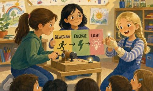 Drei Mädchen (etwa 10–11 Jahre): links kniend ein braunhaariges Mädchen mit Pferdeschwanz und Sommersprossen, das eine kleine Holzkurbel an einem selbstgebauten Dynamo dreht; rechts ein blondes Mädchen mit Zopf, klebrigen Händen, das lächelnd die leuchtende LED den Kindern zeigt; mittig sitzend ein dunkelhaariges Mädchen mit dünner Brille, das ein buntes Schild mit Pfeilen (Bewegung → Energie → Licht) hält und die anderen zuversichtlich anschaut; Ort: helle, gemütliche Klassenzimmeratmosphäre mit hellen Holztischen, Regal mit Büchern und Werkzeuggläsern, Poster „WISSENSCHAFTSWOCHE“ und Kinderzeichnungen; Szene: die drei präsentieren ein pädagogisches Modell (Pappplatte, Dynamo, Kurbel, LED), kleinere Kinder davor staunend, Pastellfarben, gouacheartige Textur, neugierige, wohlwollende Stimmung.