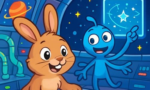 Hopsi, ein kleiner Hase mit großen Ohren und weichem, braunem Fell, steht in der Mitte der Szene, mit weit aufgerissenen Augen voller Staunen und einem fröhlichen Lächeln auf dem Gesicht. Er erkundet neugierig das Innere eines leuchtenden Raumschiffs, seine Vorderpfoten auf einem Kontrolltisch mit bunten, blinkenden Knöpfen. Neben ihm schwebt Zilp, ein blauer Außerirdischer mit fünf dünnen Armen und runden, leuchtenden Augen, leicht über dem Boden und zeigt eine freundliche, begeisterte Miene. Er deutet auf ein Hologramm der Sternenkarte, seine Arme weit ausgebreitet vor Aufregung. Das Raumschiff ist mit schimmernden Metallwänden gefüllt, die mit bunten Lichtern geschmückt sind, die auf den Oberflächen tanzen. Holographische Bildschirme projizieren Bilder von fernen Planeten, während transparente Rohre, gefüllt mit leuchtenden Flüssigkeiten, durch den Raum schlängeln. Die Hauptsituation zeigt Hopsi und Zilp bei ihrer Erkundung, während sie gemeinsam die Wunder des Universums entdecken, mit leuchtenden Sternen, die durch ein großes kuppelförmiges Fenster sichtbar sind, was eine magische und fesselnde Atmosphäre schafft.