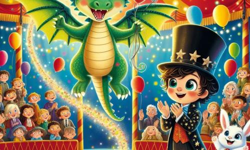 Un piccolo drago di nome Fiammetta, con squame verdi brillanti e grandi occhi scintillanti, si trova al centro di una scena circense, irradiando gioia ed eccitazione. Sta volando in cerchio, tenendo palloncini colorati nelle sue piccole zampe. Accanto a lui, un giovane mago di nome Leo, con un grande cappello a cilindro nero e un mantello stellato, sorride con orgoglio, gli occhi brillanti di entusiasmo mentre applaude il suo amico. Sullo sfondo, un adorabile coniglio bianco salta allegramente, aggiungendo un tocco di magia alla scena. Il luogo è un circo vibrante, con un grande tendone a strisce rosse e gialle, illuminato da ghirlande di luci scintillanti. Gli spettatori meravigliati, con volti gioiosi, riempiono le panchine, mentre coriandoli colorati fluttuano nell'aria. La situazione principale mostra Fiammetta e Leo in piena esibizione, creando un momento magico in cui il drago e il mago incantano il pubblico con trucchi di magia e acrobazie aeree, pieni di risate e applausi.