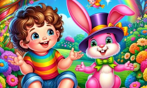 Un bambino di 2 anni, Leo, con capelli ricci e occhi pieni di curiosità, ride a crepapelle mentre indossa una maglietta colorata e pantaloni corti di jeans. È seduto sull'erba verde di un giardino incantato, circondato da fiori multicolori. Accanto a lui, un coniglio rosa di nome Bubi, con grandi orecchie e un sorriso malizioso, è in piedi sulle zampe posteriori, pronto a fare un nuovo trucco. Indossa un piccolo cappello da mago ed è molto divertito dalla situazione. Su un albero vicino, un uccellino giallo canta allegramente, con piume brillanti e un'aria birichina. Guarda Leo e Bubi con uno sguardo complice, pronto a unirsi alle loro avventure. Il giardino è pieno di colori vivaci, con alberi dai tronchi contorti e fiori che sembrano danzare al ritmo del vento. Farfalle volano intorno, aggiungendo all'atmosfera magica. La scena principale mostra Leo che ride mentre una enorme fetta di torta fluttua nell'aria, proprio sopra la sua testa, pronta a cadere, mentre Bubi cerca di afferrarla con le sue zampe anteriori.