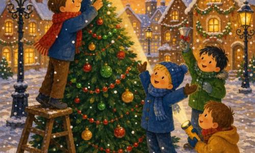 Quattro bambini: Leo (6 anni) capelli castani corti con grande sciarpa rossa, a sinistra dell'albero mentre posa una piccola stella dorata in cima; Tom (5 anni) biondo con berretto blu, a destra di Leo, applaude con le mani alzate; Pio (6 anni) capelli neri con cappotto verde, dietro gli altri, fa tintinnare un piccolo sonaglio argentato; Sam (5 anni) castano, accovacciato a destra con una torcia gialla che illumina la stella. Luogo: piazza di paese innevata al crepuscolo, case color pan di zenzero con finestre calde, lampioni in ferro battuto e ghirlande intorno a un grande abete al centro. Situazione: i quattro decorano l'albero di Natale al centro, fiocchi di neve che cadono dolcemente, atmosfera gioiosa e accogliente.
