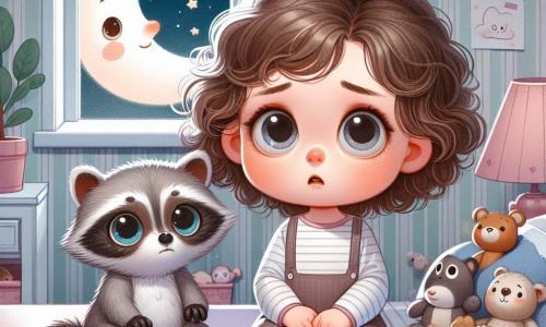 Una niña de 2 años, llamada Ana, con cabello rizado y castaño, y grandes ojos curiosos, está sentada en su cama, rodeada de peluches. Tiene una expresión de preocupación en su rostro, con las cejas fruncidas y los labios ligeramente apretados, mientras mira a su alrededor en la penumbra. A su lado está Tito, un pequeño mapache con pelaje gris y ojos brillantes, que sonríe con confianza. Está sentado en el borde de la cama, listo para tranquilizar a Ana. La escena transcurre en la habitación de Ana, decorada con paredes en tonos pastel, con estrellas y nubes dibujadas, y una lámpara en forma de luna que ilumina suavemente la habitación, creando sombras suaves. Hay juguetes esparcidos por el suelo y una ventana que muestra un cielo estrellado. En esta situación, Ana, un poco asustada por la oscuridad, escucha a Tito explicarle que las estrellas brillan incluso en la noche, mientras cuentan juntos las estrellas visibles a través de la ventana.