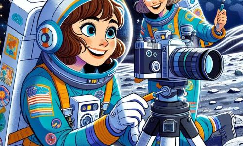 A female astronaut, Lina, with brown hair tied in a ponytail, wears a blue spacesuit adorned with colorful patches. She has a determined and joyful expression, her eyes shining with excitement as she adjusts a large camera on a tripod. Next to her, Mira, another female astronaut around 30 years old with short blonde hair, smiles while holding a tool in her hand, ready to assist. They are on the lunar surface, surrounded by silver craters and sparkling dust under a starry black sky, with Earth visible in the background as a blue sphere. The main scene shows Lina calibrating the new camera while Mira encourages her, creating an atmosphere of cooperation and adventure on the Moon.