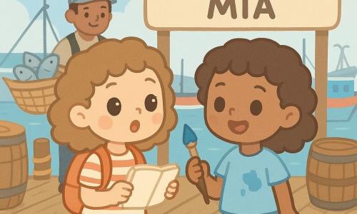 A surprised meeting between two 6-year-old girls both named Mia on a wet wooden dock: one Mia with light chestnut curly hair, large bright eyes, freckled face, wearing a striped dress and small backpack, hand on a notebook with a small blue paint stain; the other Mia like a mirror, curly hair, paint-stained shirt, holding a paintbrush and smiling mischievously a few steps away; in the background a fish seller in his 40s wearing a gray cap with a basket of shiny fish on his shoulder stands near colorful creaking boats, thick ropes, barrels and worn planks under a sky with white seagulls and a painted sign reading WELCOME, MIA; sunny, warm, curious atmosphere, simple readable composition, soft benevolent expressions, graphic style with rounded shapes, soft outlines, slightly detailed wood and rope textures and a vivid pastel palette dominated by blue, coral and beige.