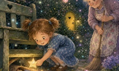 A 6-year-old girl with a round face, freckles, light brown messy pigtails and a delighted smile holds a small shining origami star and leans to pull a vibrating paper star from under an old faded green wooden bench; a kindly grandmother of about 70 with gray hair in a loose bun and a floral apron gently sweeps nearby, watching the girl, while a tiny mouse in a lace vest stands on a miniature door under a folded rug near the girl's feet waving a tiny flag; the scene is a twilight home garden with mossy flagstones, a hidden lemon-yellow door in a dense hedge, pastel string lights and glittering pebbles, and colorful small lights begin to float around them in a whimsical, gentle atmosphere.