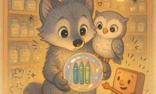 Pip, a small grey wolf with bright eyes and rounded paws, looks cautious and awed as he gently holds an iridescent translucent bubble showing a miniature row of aligned pencils; Tock, a tiny silver-feathered owl with big gentle eyes, perches on his shoulder smiling proudly, and the Shelf-Helper, a small rolling wooden box with a carved face, stands beside them pointing at the bubble; the setting is a "library of moments" with dark wooden shelves, glowing labeled jars, warm moon-shaped lamps, floating gold dust and sparkles, and a glittering wooden floor; main action: Pip captures a bright time-bubble reflecting green-blue comet-like colors and a calm future scene of aligned pencils, mood soft, magical and curious with doodled clocks and time arrows; style: warm pastels, soft rounded lines, paper and watercolor textures, centered composition, child-friendly for age 6.