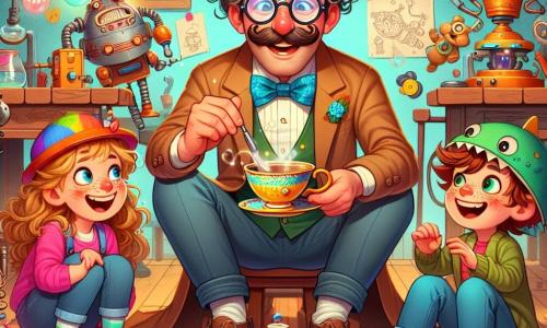 A man, Professor Puddlewick, is at the center of the image, with curly, tousled hair and round glasses slipping down the tip of his nose. He has a joyful smile and sparkling eyes, holding a whistling teacup. Next to him is a girl named Molly, about 8 years old, with colorful striped socks and a funny hat, looking at the cup in wonder. An 8-year-old boy named Benji, wearing a dinosaur cap and glasses, laughs while trying to reach a cookie on a high shelf. The setting is a magical workshop filled with whimsical inventions: buzzing machines, colorful tools scattered on wooden tables, and walls covered with drawings and sketches. Playful robots and strange objects float around, creating an atmosphere of overflowing creativity. The main scene shows the professor and the children testing the whistling cup, surrounded by laughter and surprises, while a joyful melody escapes from the object, filling the workshop with a playful and imaginative vibe.