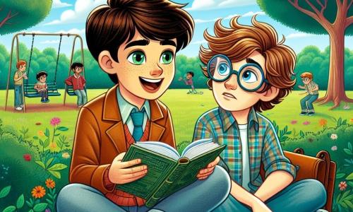 Un niño de 11 años, llamado Javier, está en el centro de la imagen. Tiene cabello castaño, ojos verdes llenos de curiosidad y una sonrisa sincera. Está sentado en un banco en un parque, sosteniendo un libro abierto en sus rodillas y mirando atentamente a su amigo. A su lado está Tomás, también de 11 años, con cabello desordenado y gafas redondas. Se ve un poco inquieto, frunciendo el ceño mientras mira a Javier, como si buscara consuelo. El parque es verde, con árboles majestuosos, flores de colores y niños jugando a lo lejos. El cielo es azul con nubes blancas, creando una atmósfera alegre. La situación principal muestra a Javier animando a Tomás a ser honesto después de que mintió sobre sus deberes. Javier, con una mirada comprensiva, le habla con pasión, mientras Tomás, visiblemente conmovido, reflexiona seriamente sobre la lección de la verdad.