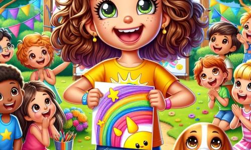 Una ragazza di 10 anni, Sofia, con capelli ricci e castani, un grande sorriso sul viso, si trova al centro del palco, mentre fa una smorfia divertente tenendo un grande disegno colorato. I suoi occhi brillano di gioia ed eccitazione, e indossa una maglietta gialla vivace con un motivo di sole e un pantaloncino di jeans. Accanto a lei, il suo fedele cane Pongo, un piccolo beagle con grandi orecchie, la guarda con aria curiosa, la lingua di fuori, pronto a incoraggiarla. Un gruppo di bambini della sua età, riuniti intorno a lei, ride e applaude, alcuni tengono palloni colorati. Il luogo è un parco soleggiato, pieno di alberi verdi e fiori brillanti, con un grande podio di legno sullo sfondo dove si svolge il concorso di talenti. Bandiere colorate sventolano nel vento, creando un'atmosfera festosa. La situazione principale mostra Sofia mentre realizza le sue "smorfie artistiche" davanti a un pubblico divertito, trasformando un momento di sfida in un'esplosione di risate e creatività.