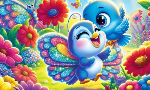 In a colorful and sunny garden, a little butterfly named Breezy, with shimmering rainbow-colored wings, joyfully dances among the bright flowers, displaying a big smile of happiness. Next to her, a vibrant blue bird, its feathers shining in the sun, cheerfully sings while searching for seeds, its eyes sparkling with excitement. The garden is filled with flowers with red, yellow, and purple petals, accompanied by buzzing bees flying from flower to flower, creating a lively and joyful atmosphere. The scene shows Breezy and the blue bird playing together, surrounded by the beauty of spring, celebrating friendship and the magic of nature.