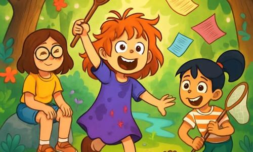 There are three characters: Penny Thistlewhisk, a 10-year-old girl with messy red hair, wearing a purple dress covered in potion stains. She holds a wooden stick resembling a spoon and stands in the center, smiling excitedly. Lori Sparks, a 10-year-old girl with brown hair and round glasses, is dressed in a yellow t-shirt and denim shorts. She sits on a stone, looking a bit tired but smiling as if she just woke up from a nap. Jinx Farrow, a 10-year-old girl with black hair in a ponytail, wears a striped t-shirt and green pants. She crouches next to Penny, holding a butterfly net, ready to catch a flying homework assignment. The setting is the enchanted forest of Snorewood, where tall, twisted trees have shiny leaves and colorful flowers that seem to dance. Sunbeams filter through the foliage, illuminating the mossy ground and sparkling pebbles. In the background, a small stream murmurs softly, adding a magical ambiance to the scene. The main situation shows the three girls chasing flying homework papers with expressions of surprise and joy on their faces, while colorful papers float around them, and an enchanted hedgehog, transformed by a spell, slips away across the ground.