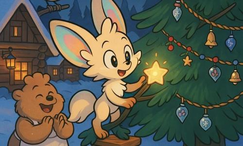 The main character is a small anthropomorphic creature like a magical fox with butterfly-shaped ears, iridescent cream fur, gentle bright eyes and a tender, amazed expression, delicately holding a small star-shaped bulb glowing with warm light. Lumen stands on a light wooden step stool with a paw on a low branch of the large pine, ready to hang the bulb at the visible top of the tree. Secondary characters: Bramble, a plump fluffy little baker with light brown fur and a flour-dusted apron, stands left of the pine applauding softly with a plate of star cookies at his feet; Quill, a sleek silver bird with glossy feathers and a curious joyful look, perches on a branch above the pine, tilting his head while holding a tiny folded notebook. The scene is a snowy twilight clearing with log cottages topped in snow, hanging glass lanterns casting amber light, powdery snow reflecting garlands, and a central Grand Pine decorated with a garland of small glass bulbs shaped like berries, bells and snowflakes. The main action: Lumen hangs the 